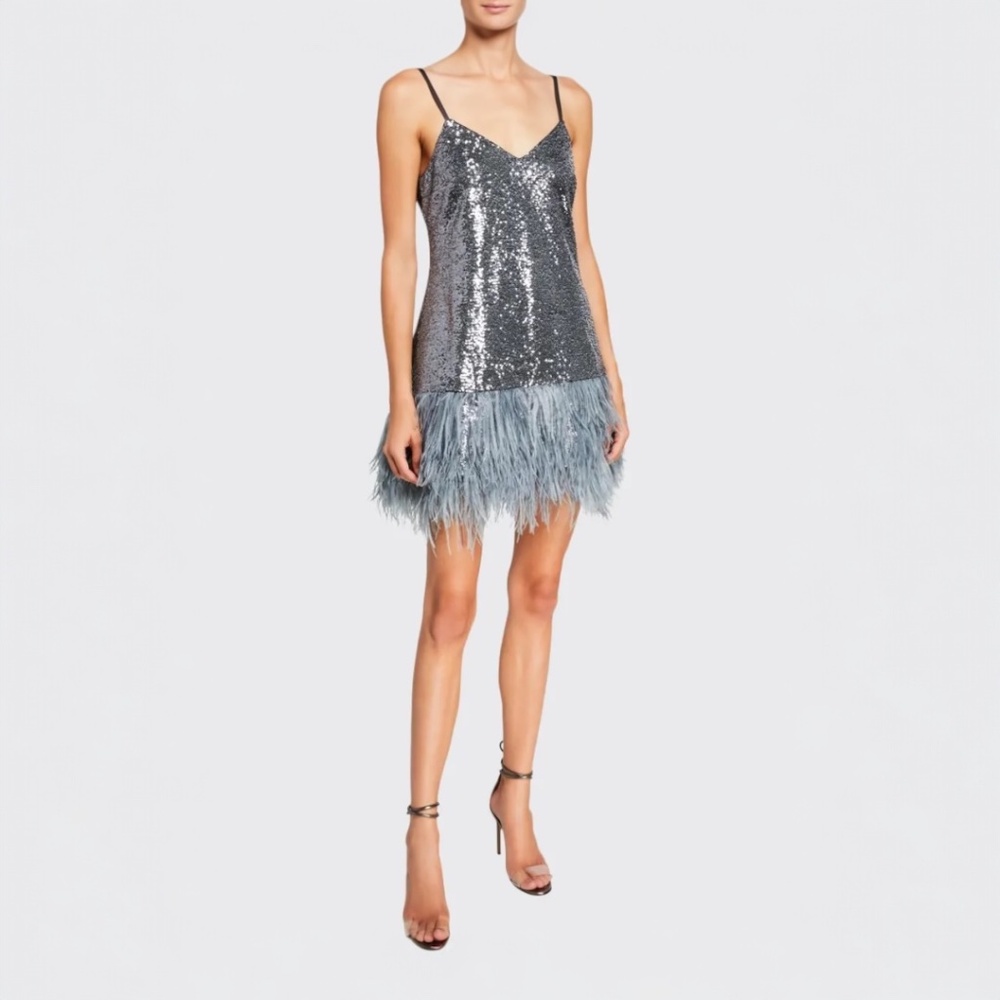Cinq à SEPT Athena Feather Hem Sequin Dress in gunmetal Size 8 - NWT